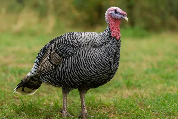 Heritage Narragansett turkey standing in grass at Risen Acres